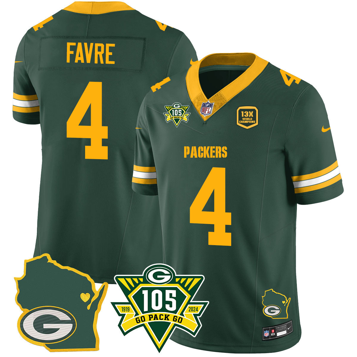 Packers 1919-2024 – The Packers Jersey – All Stitched – Brett Favre – 4 – Green Jersey