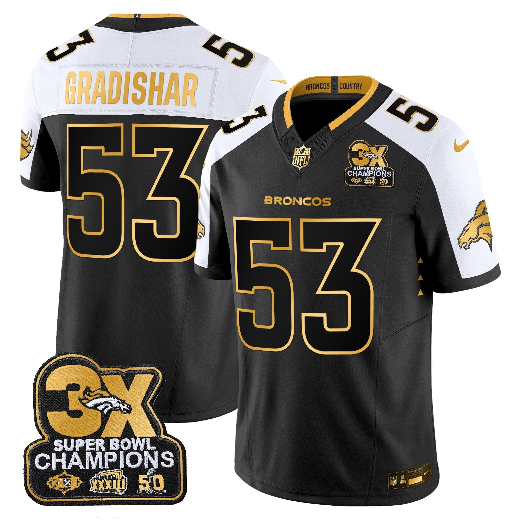 Denver Broncos 3-Time Champions Patch Gold Vapor Limited Jersey – All Stitched – Alternate – Randy Gradishar Jersey