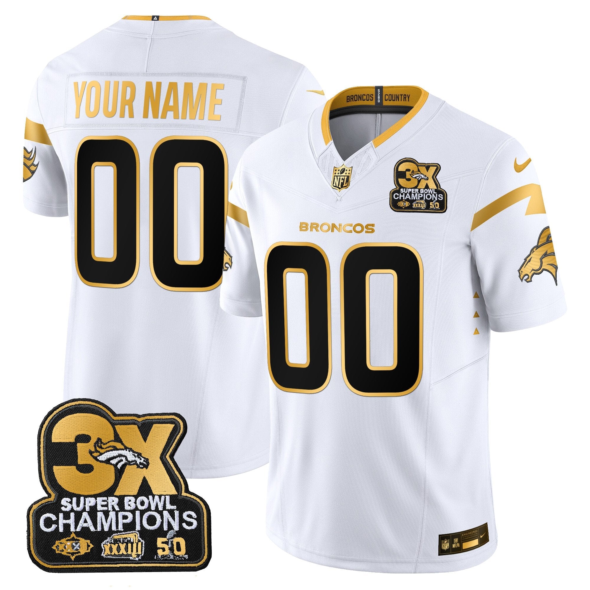 Denver Broncos 3-Time Champions Patch Gold Vapor Limited Custom Jersey – All Stitched – Men – White Gold Jersey
