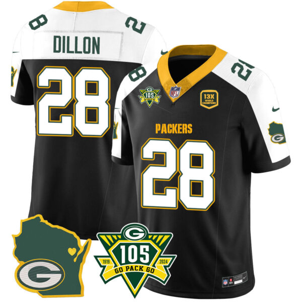 Packers 1919-2024 – The Packers Jersey – All Stitched – AJ Dillon – 28 – Black Alternate Jersey