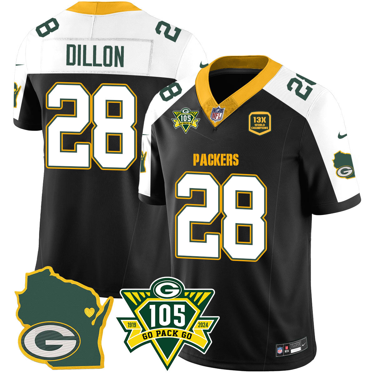 Packers 1919-2024 – The Packers Jersey – All Stitched – AJ Dillon – 28 – Black Alternate Jersey