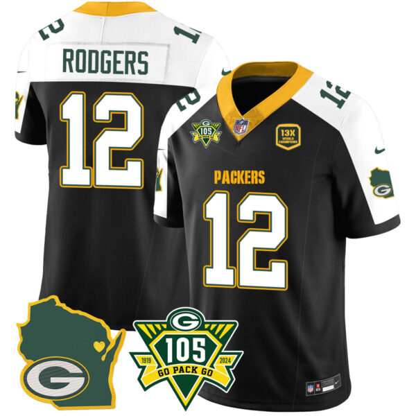 Packers 1919-2024 – The Packers Jersey – All Stitched – Aaron Rodgers – 12 – Black Alternate Jersey