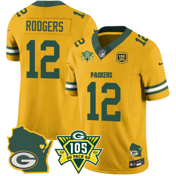 Packers 1919-2024 – The Packers Jersey – All Stitched – Aaron Rodgers – 12 – Gold Jersey