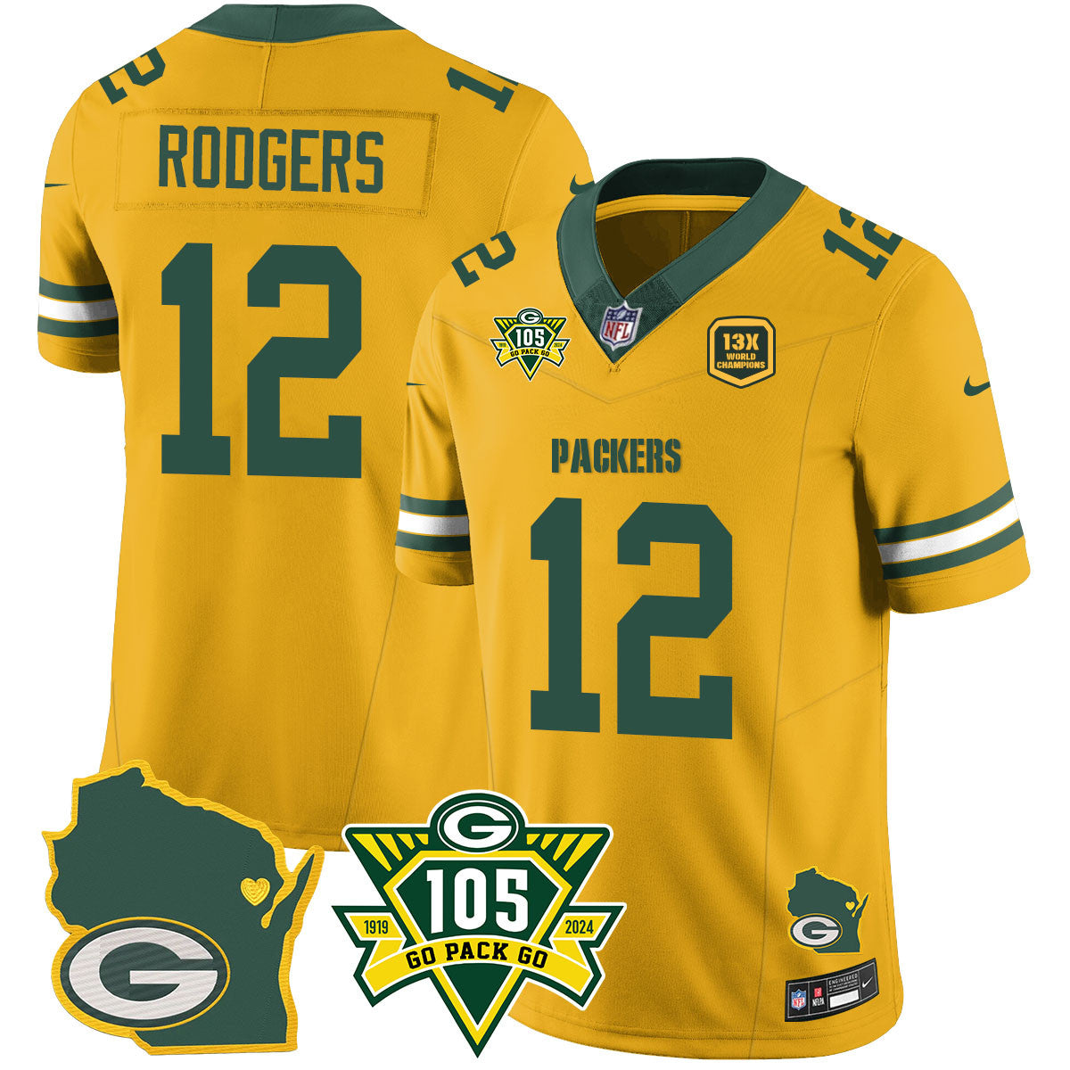 Packers 1919-2024 – The Packers Jersey – All Stitched – Aaron Rodgers – 12 – Gold Jersey