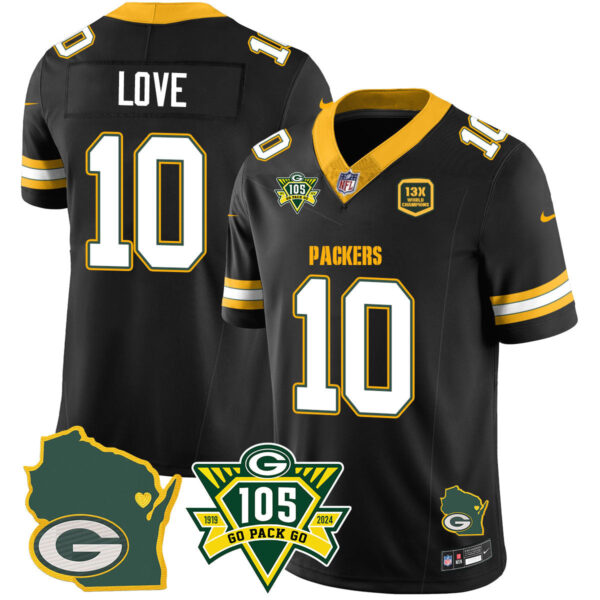 Packers 1919-2024 – The Packers Jersey – All Stitched – Jordan Love – 10 – Black Jersey
