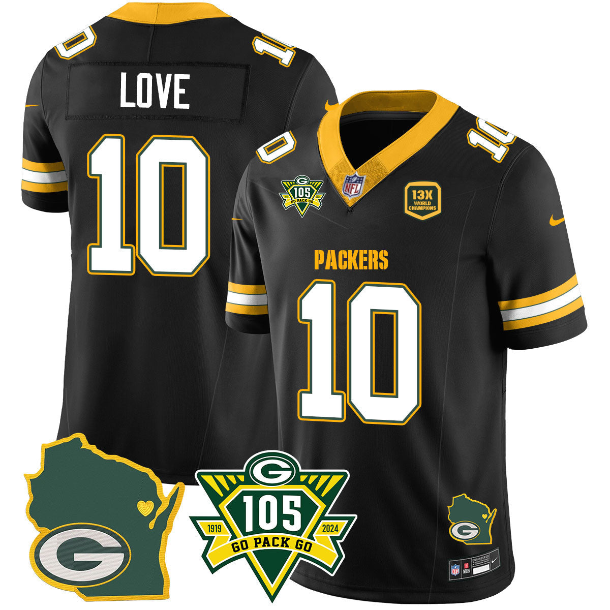 Packers 1919-2024 – The Packers Jersey – All Stitched – Jordan Love – 10 – Black Jersey