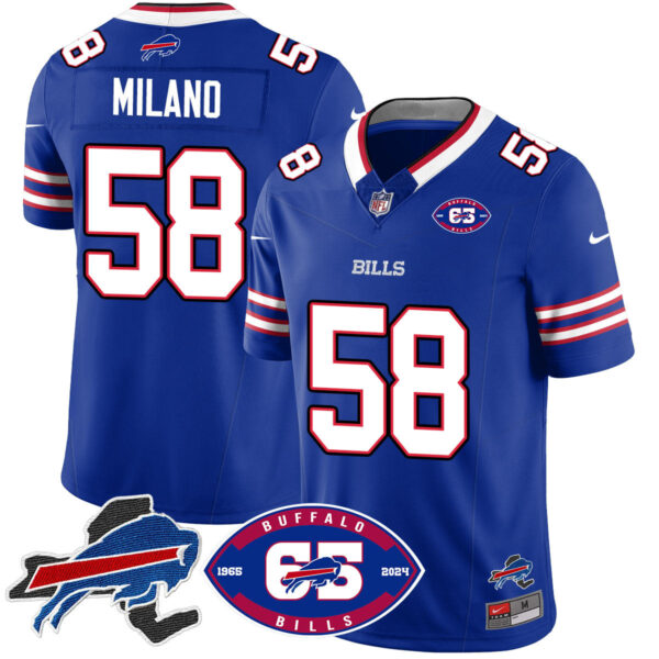Bills 1959 – 2024 – The Bills Jersey – All Stitched – Matt Milano – 58 – Royal Jersey