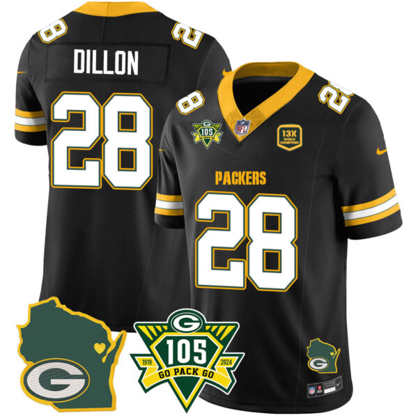 Packers 1919-2024 – The Packers Jersey – All Stitched – AJ Dillon – 28 – Black Jersey