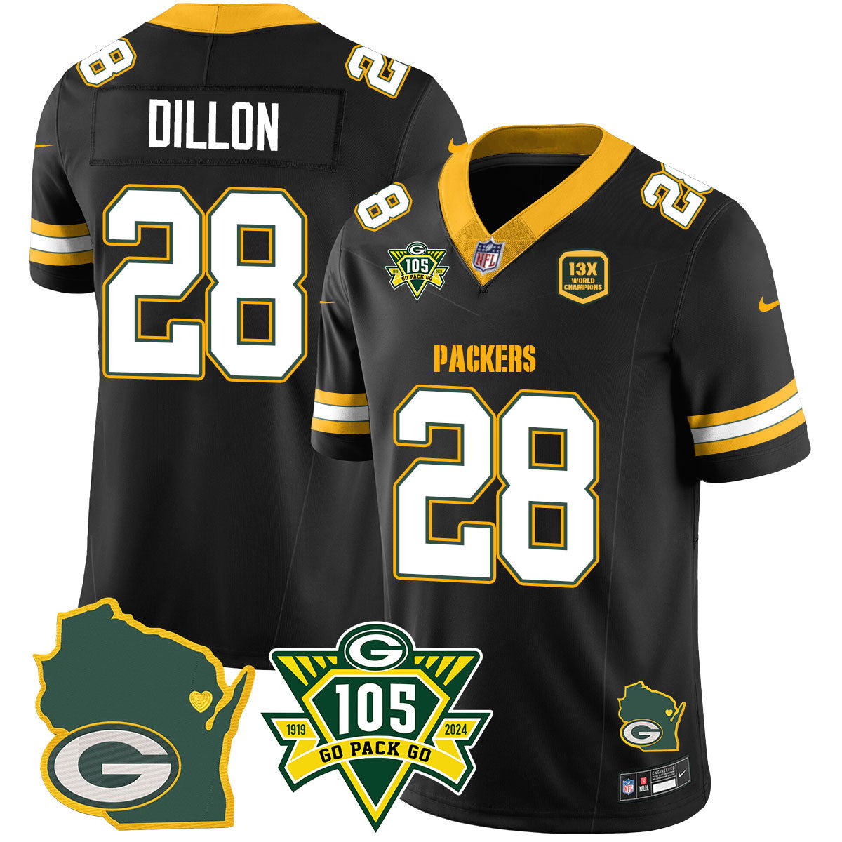 Packers 1919-2024 – The Packers Jersey – All Stitched – AJ Dillon – 28 – Black Jersey