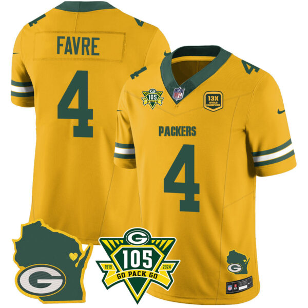 Packers 1919-2024 – The Packers Jersey – All Stitched – Brett Favre – 4 – Gold Jersey