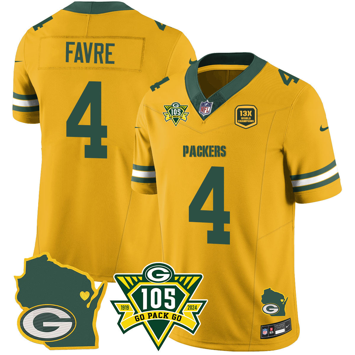 Packers 1919-2024 – The Packers Jersey – All Stitched – Brett Favre – 4 – Gold Jersey