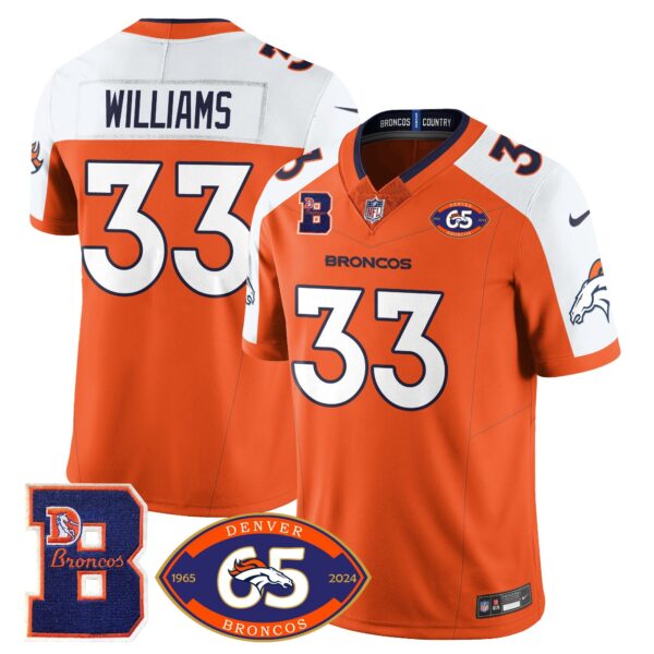 Broncos 1959-2024 Jersey – The Broncos Jersey – All Stitched – Javonte Williams – 33 – Orange Alternate Jersey