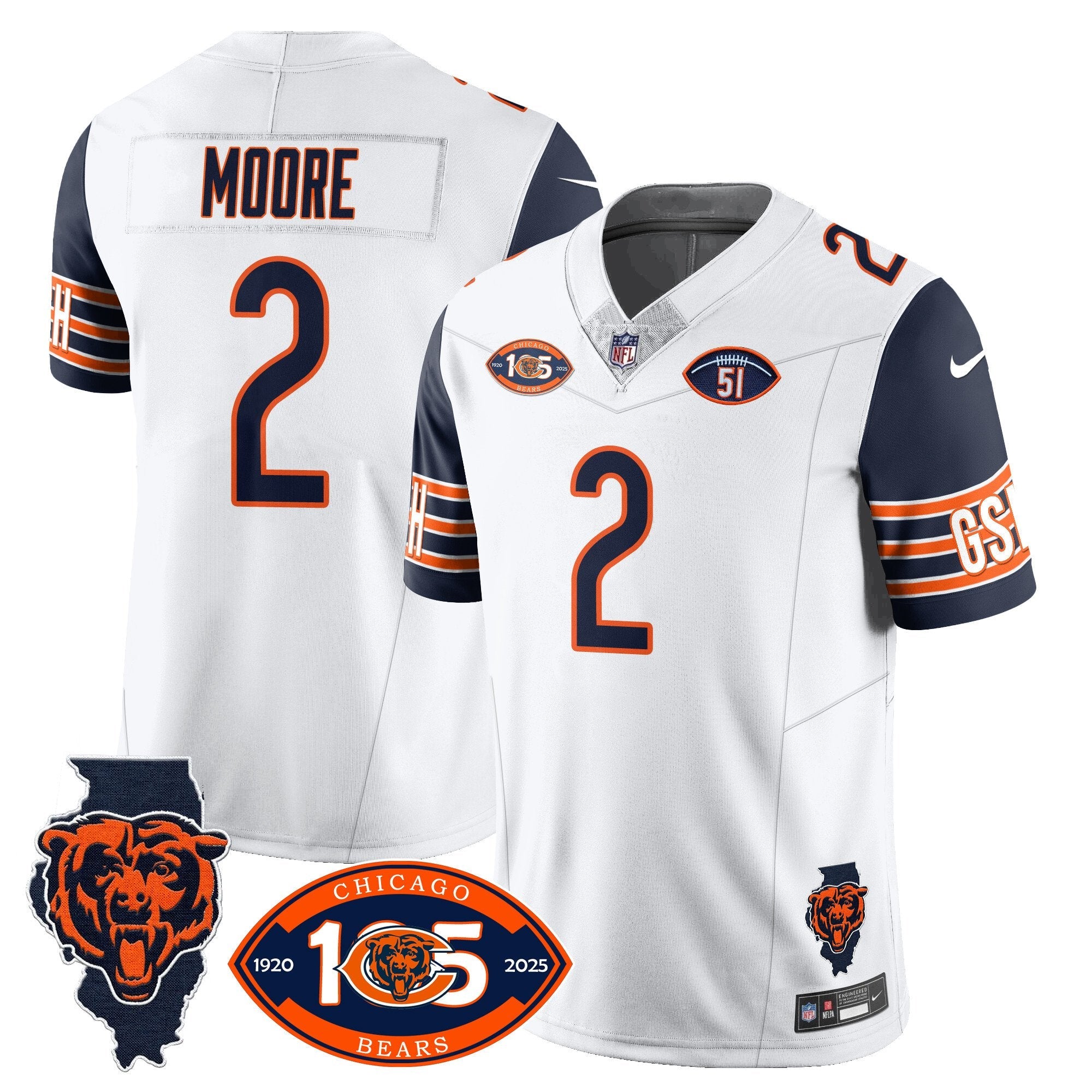 Bears 1920-2025 – The Bears Jersey – All Stitched – D.J. Moore – 2 – Navy Sleeve Jersey