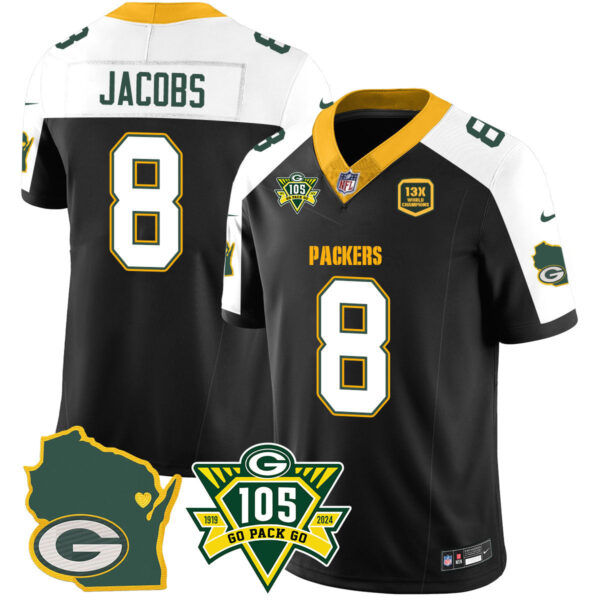 Packers 1919-2024 – The Packers Jersey – All Stitched – Josh Jacobs – 8 – Black Alternate Jersey