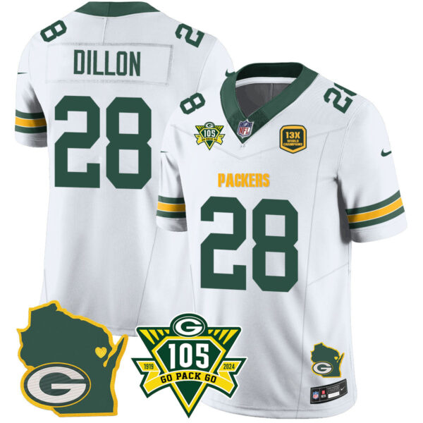 Packers 1919-2024 – The Packers Jersey – All Stitched – AJ Dillon – 28 – White Jersey