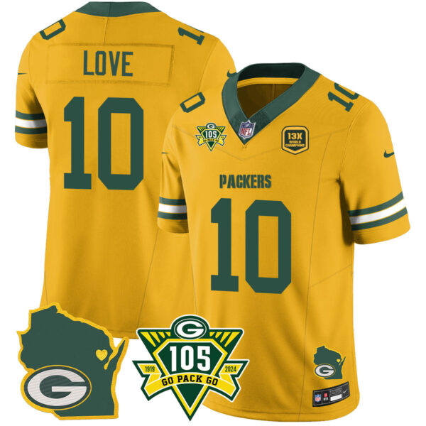 Packers 1919-2024 – The Packers Jersey – All Stitched – Jordan Love – 10 – Gold Jersey