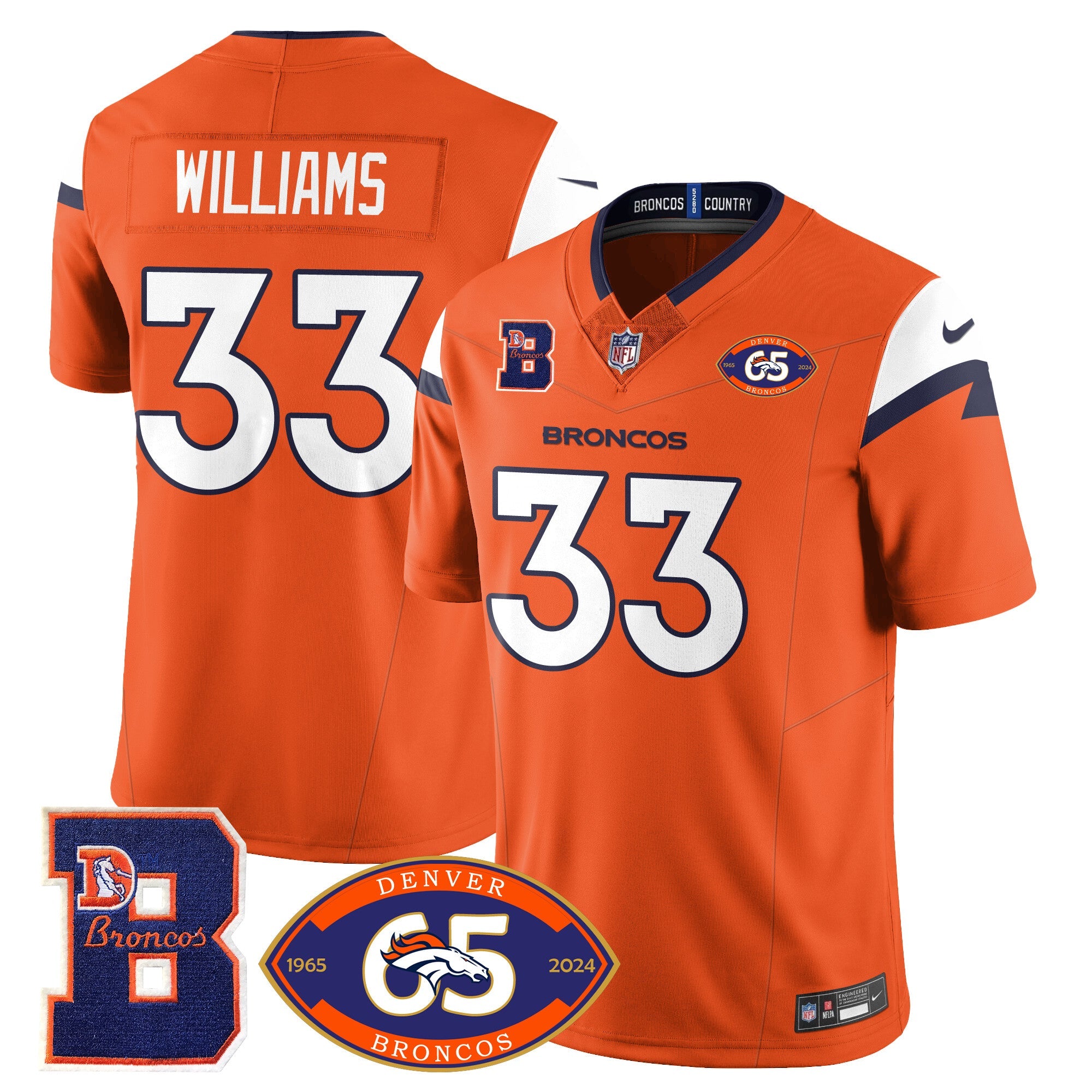 Broncos 1959-2024 Jersey – The Broncos Jersey – All Stitched – Javonte Williams – 33 – Orange Jersey