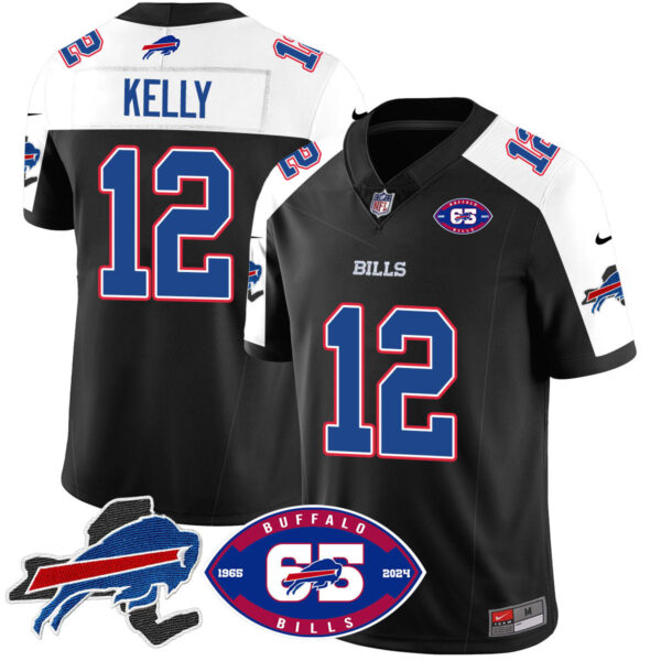 Bills 1959 – 2024 – The Bills Jersey – All Stitched – Jim Kelly – 12 – Black Alternate Jersey
