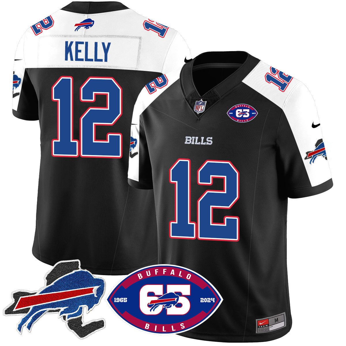 Bills 1959 – 2024 – The Bills Jersey – All Stitched – Jim Kelly – 12 – Black Alternate Jersey