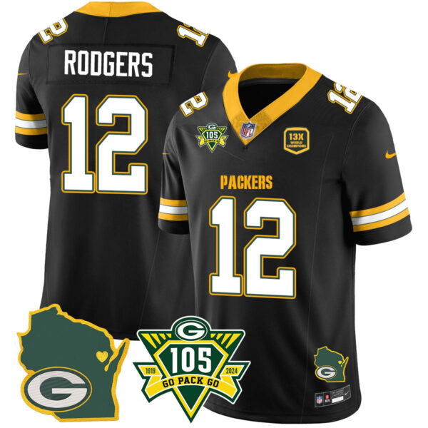 Packers 1919-2024 – The Packers Jersey – All Stitched – Aaron Rodgers – 12 – Black Jersey