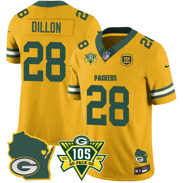 Packers 1919-2024 – The Packers Jersey – All Stitched – AJ Dillon – 28 – Gold Jersey
