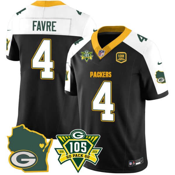 Packers 1919-2024 – The Packers Jersey – All Stitched – Brett Favre – 4 – Black Alternate Jersey