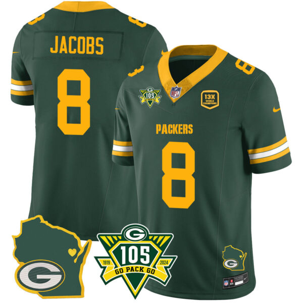 Packers 1919-2024 – The Packers Jersey – All Stitched – Josh Jacobs – 8 – Green Jersey