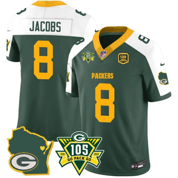 Packers 1919-2024 – The Packers Jersey – All Stitched – Josh Jacobs – 8 – Alternate Jersey
