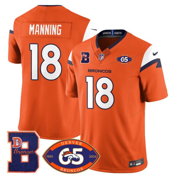 Broncos 1959-2024 Jersey – The Broncos Jersey – All Stitched – Peyton Manning – 18 – Orange Jersey