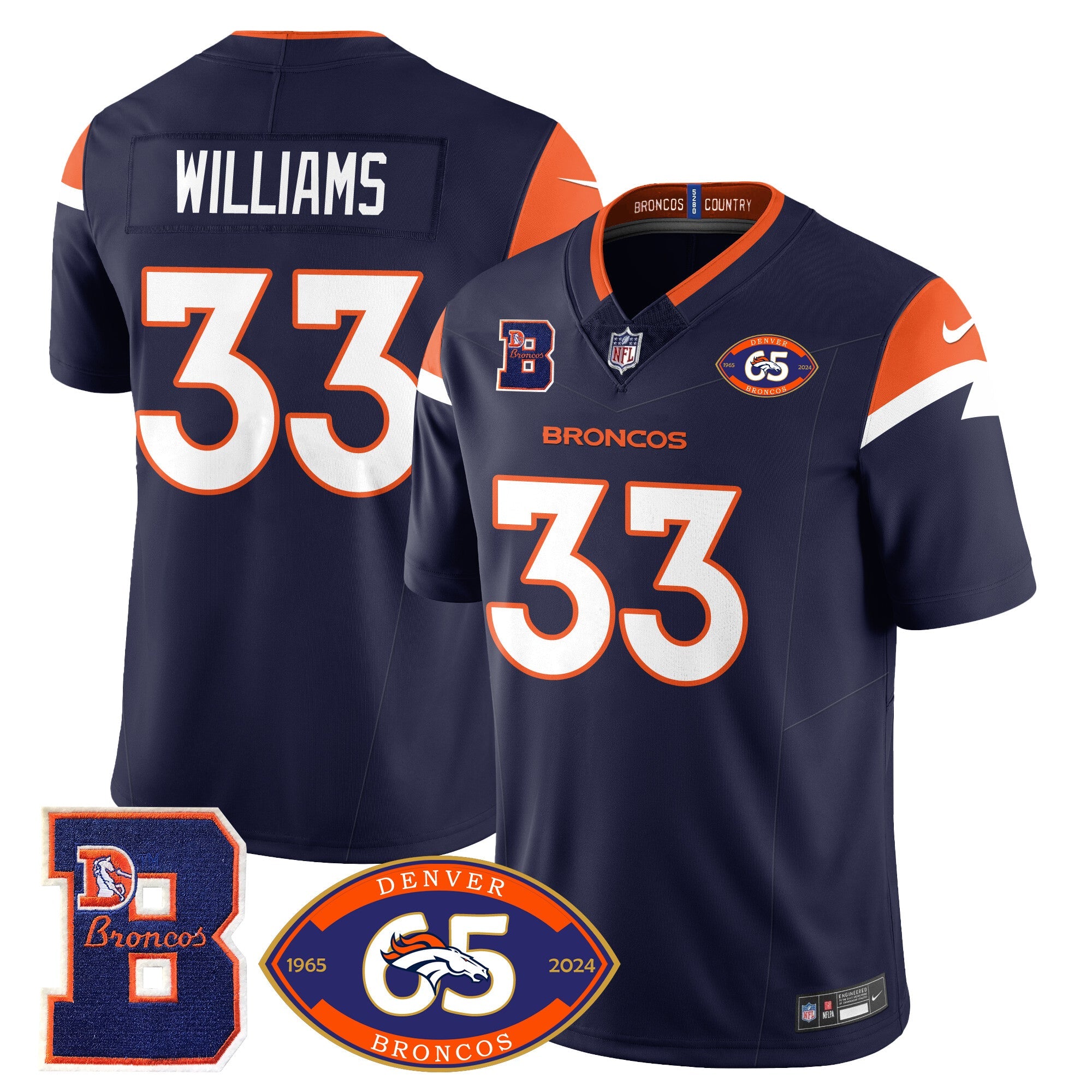 Broncos 1959-2024 Jersey – The Broncos Jersey – All Stitched – Javonte Williams – 33 – Navy Jersey
