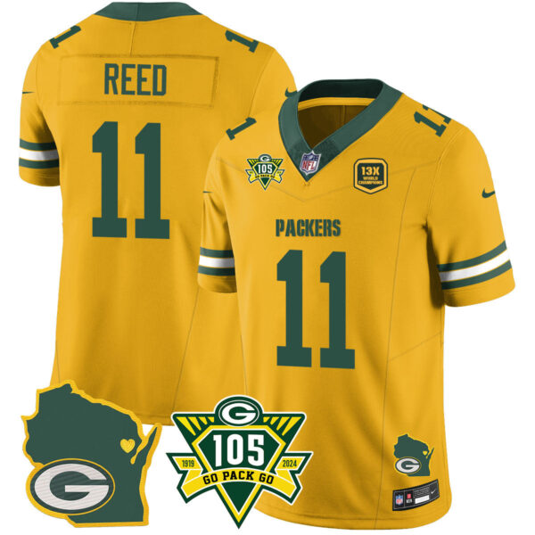Packers 1919-2024 – The Packers Jersey – All Stitched – Jayden Reed – 11 – Gold Jersey