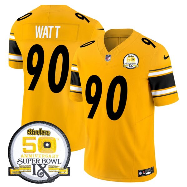 Steelers 50th Anniversary Of Super Bowl IX Patch Vapor Limited Jersey – All Stitched – Gold – T. J. Watt Jersey