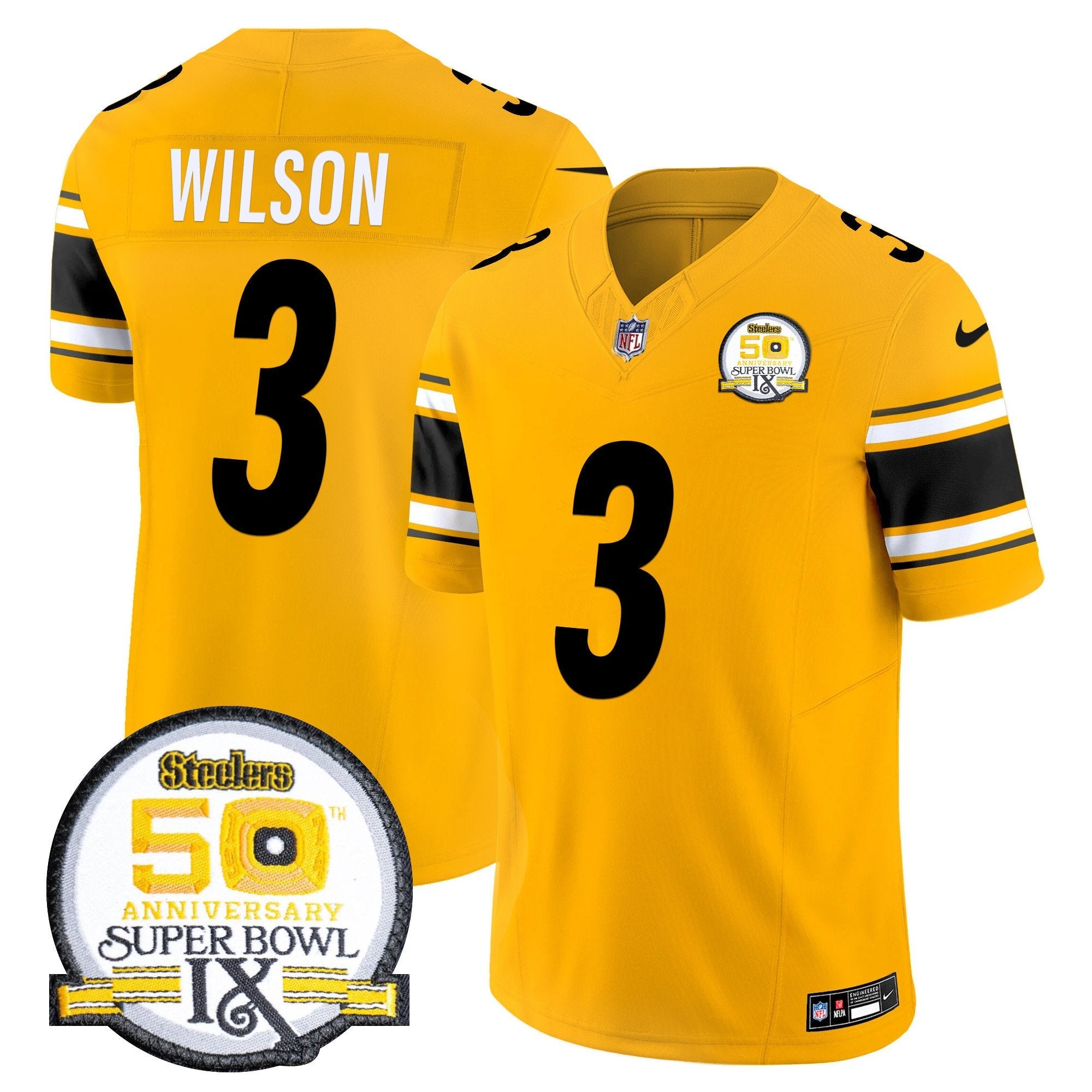 Steelers 50th Anniversary Of Super Bowl IX Patch Vapor Limited Jersey – All Stitched – Gold – Russell Wilson Jersey