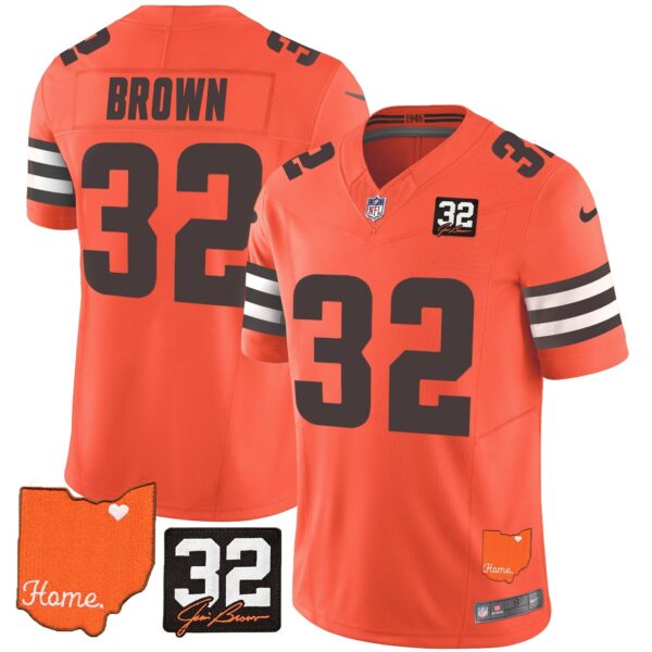 Browns #32 Jim Brown Memorial & Home Patch Vapor Limited Jersey – All Stitched – Orange – Jim Brown Jersey