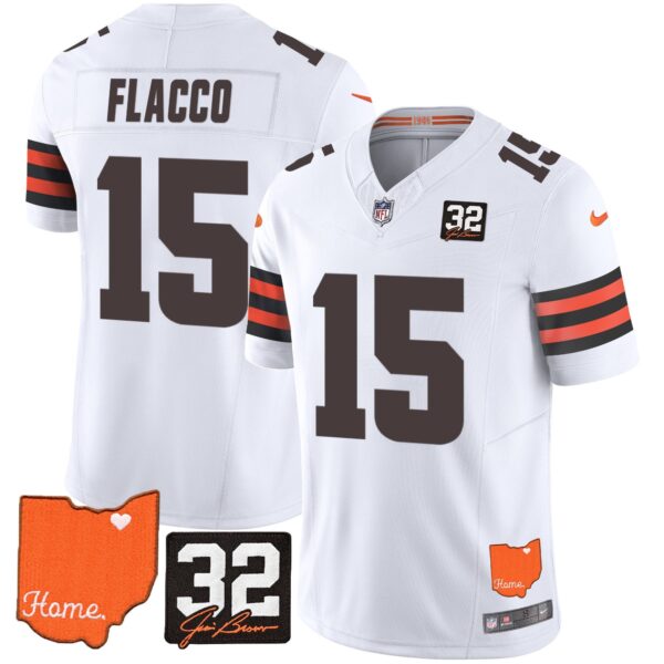 Browns #32 Jim Brown Memorial & Home Patch Vapor Limited Jersey – All Stitched – White – Joe Flacco Jersey