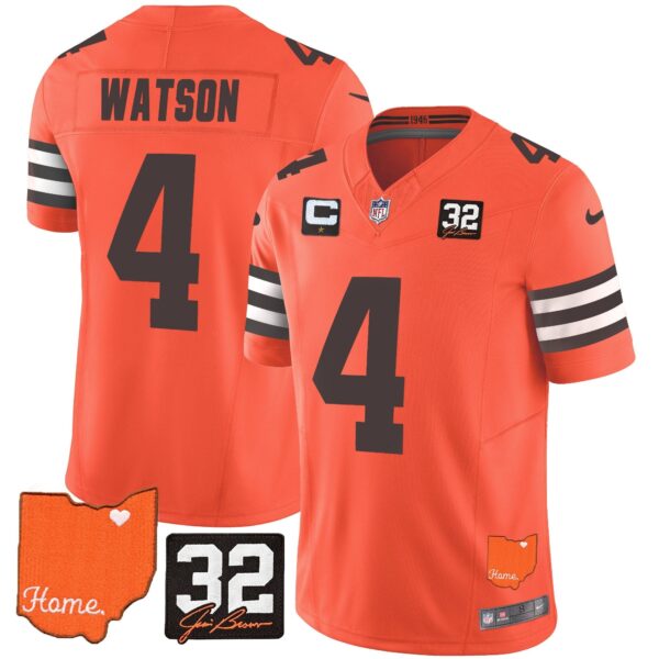 Browns #32 Jim Brown Memorial & Home Patch Vapor Limited Jersey – All Stitched – Orange – Deshaun Watson Jersey