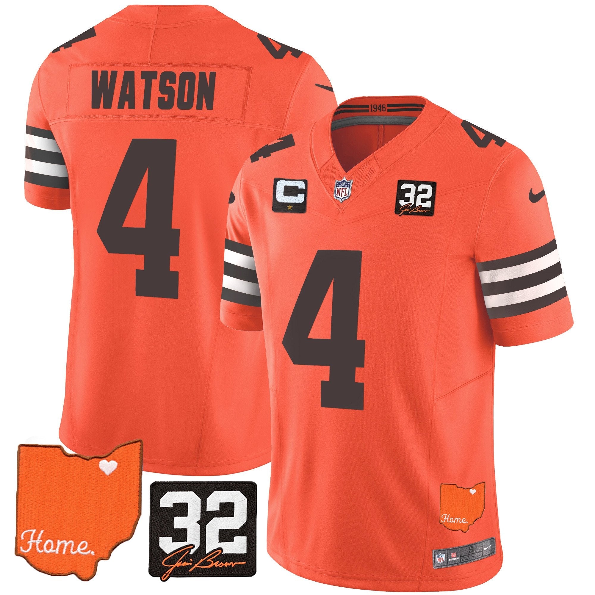 Browns #32 Jim Brown Memorial & Home Patch Vapor Limited Jersey – All Stitched – Orange – Deshaun Watson Jersey