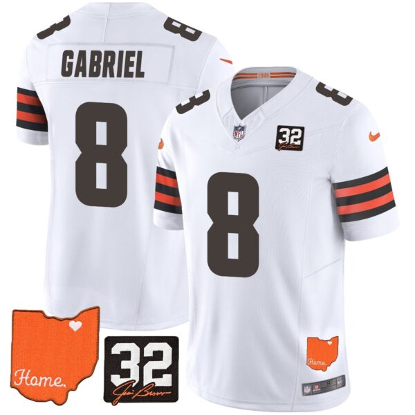 Browns #32 Jim Brown Memorial & Home Patch Vapor Limited Jersey – All Stitched – White – Dillon Gabriel Jersey
