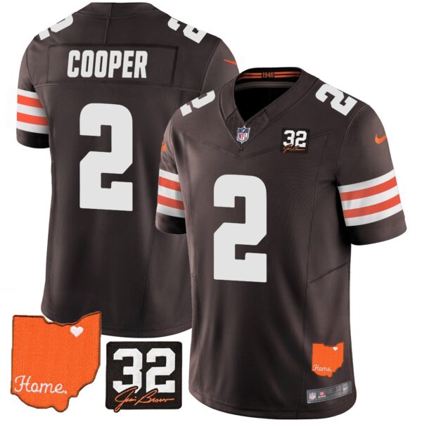 Browns #32 Jim Brown Memorial & Home Patch Vapor Limited Jersey – All Stitched – Brown – Amari Cooper Jersey