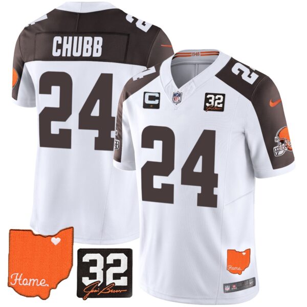 Browns #32 Jim Brown Memorial & Home Patch Vapor Limited Jersey – All Stitched – Inverted – Nick Chubb Jersey