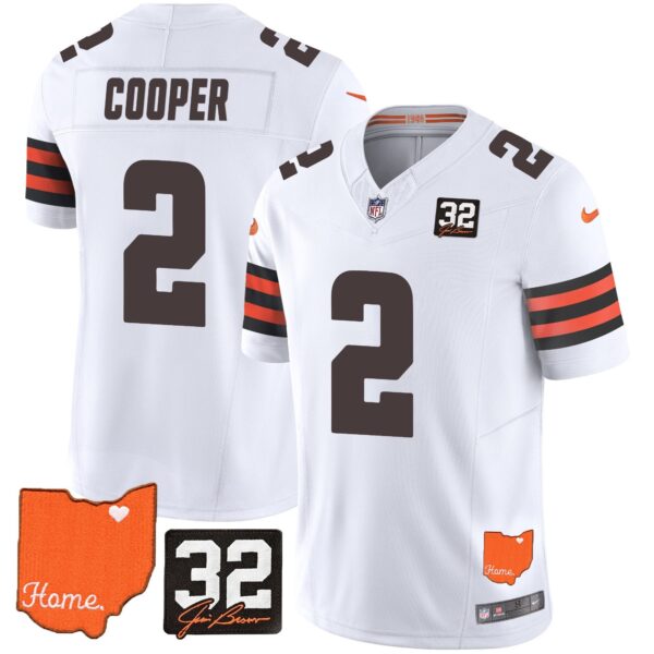 Browns #32 Jim Brown Memorial & Home Patch Vapor Limited Jersey – All Stitched – White – Amari Cooper Jersey