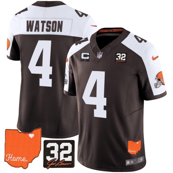 Browns #32 Jim Brown Memorial & Home Patch Vapor Limited Jersey – All Stitched – Alternate – Deshaun Watson Jersey