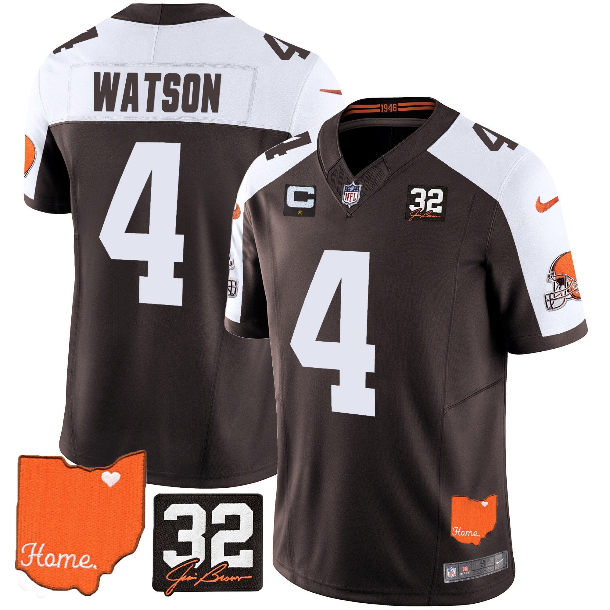 Browns #32 Jim Brown Memorial & Home Patch Vapor Limited Jersey – All Stitched – Alternate – Deshaun Watson Jersey
