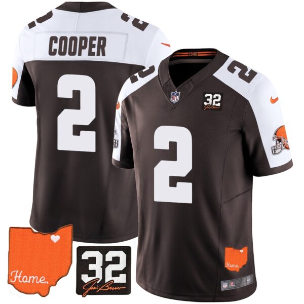 Browns #32 Jim Brown Memorial & Home Patch Vapor Limited Jersey – All Stitched – Alternate – Amari Cooper Jersey