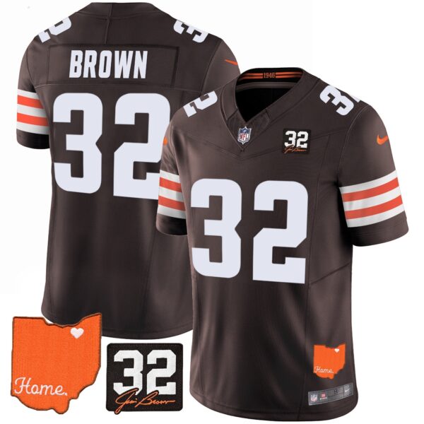 Browns #32 Jim Brown Memorial & Home Patch Vapor Limited Jersey – All Stitched – Brown – Jim Brown Jersey