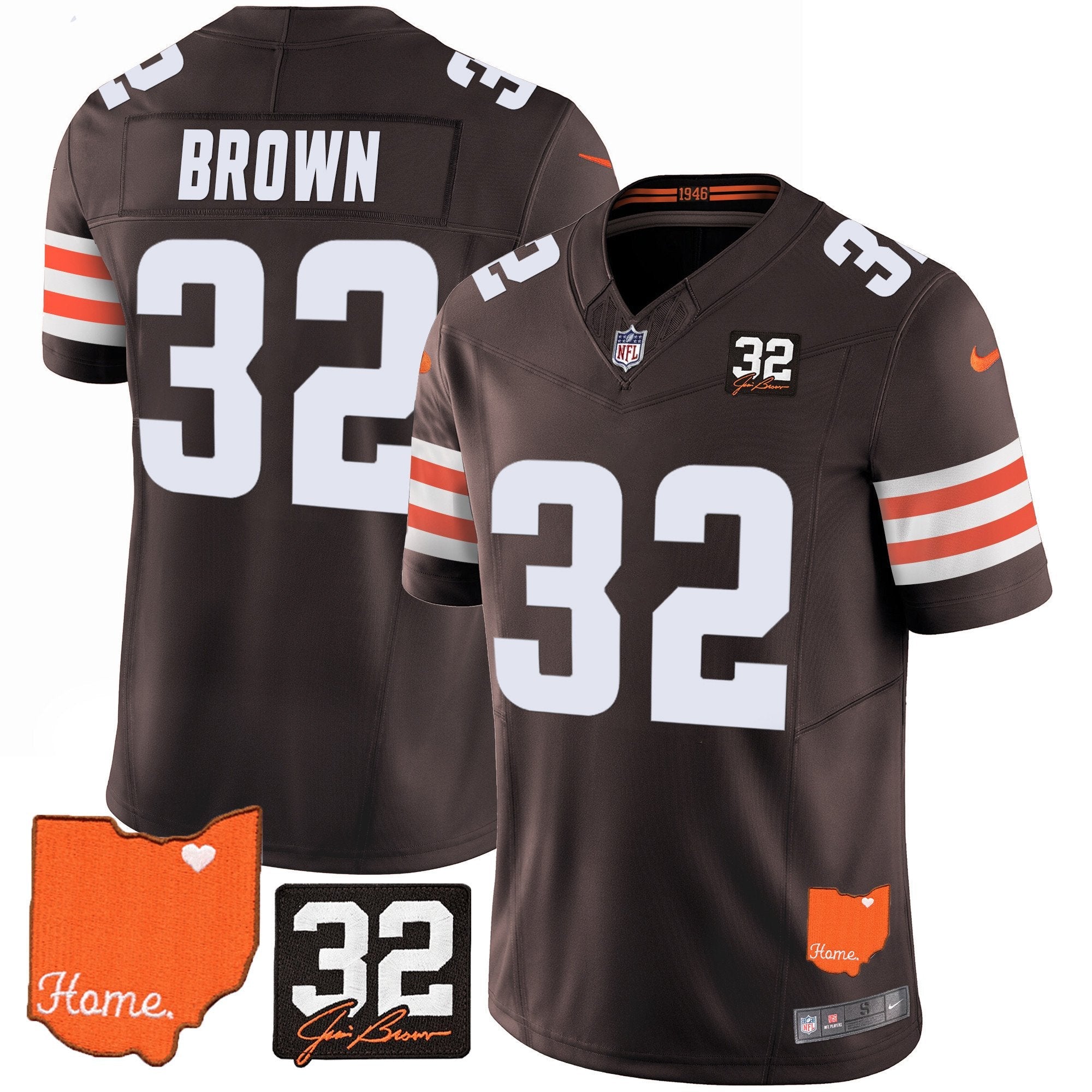 Browns #32 Jim Brown Memorial & Home Patch Vapor Limited Jersey – All Stitched – Brown – Jim Brown Jersey