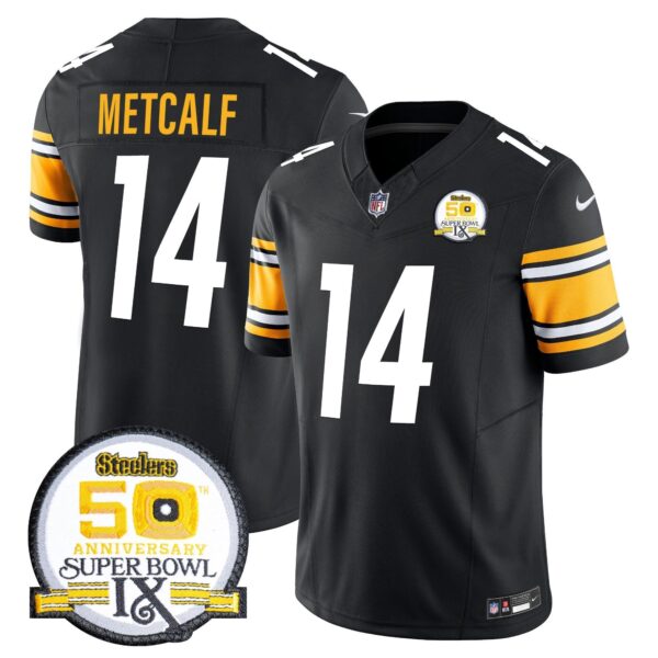 Steelers 50th Anniversary Of Super Bowl IX Patch Vapor Limited Jersey – All Stitched – Black – DK Metcalf Jersey