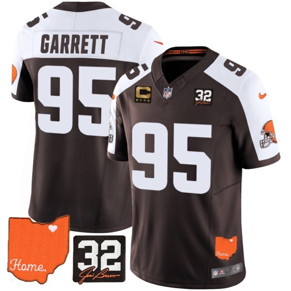 Browns #32 Jim Brown Memorial & Home Patch Vapor Limited Jersey – All Stitched – Alternate – Myles Garrett Jersey
