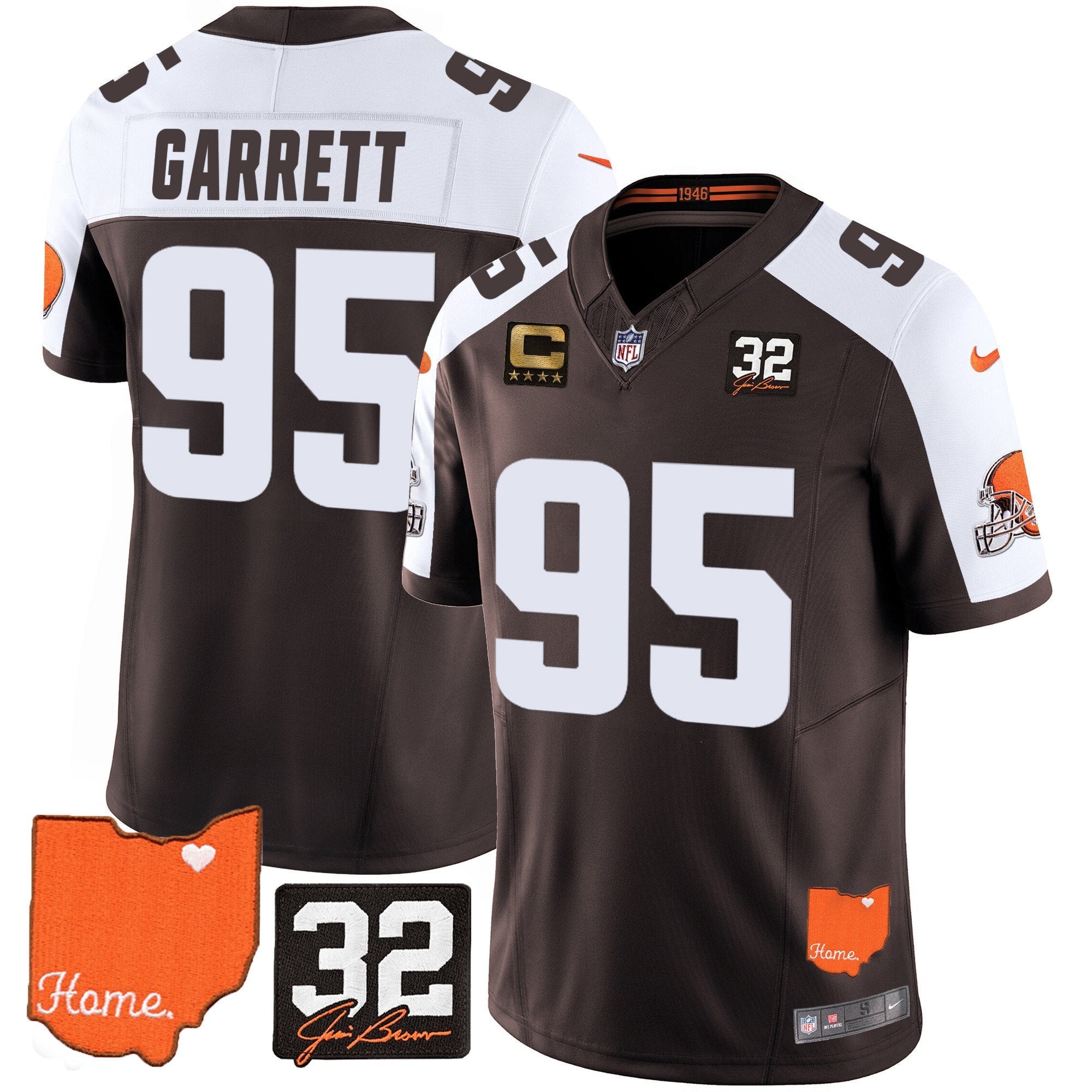 Browns #32 Jim Brown Memorial & Home Patch Vapor Limited Jersey – All Stitched – Alternate – Myles Garrett Jersey