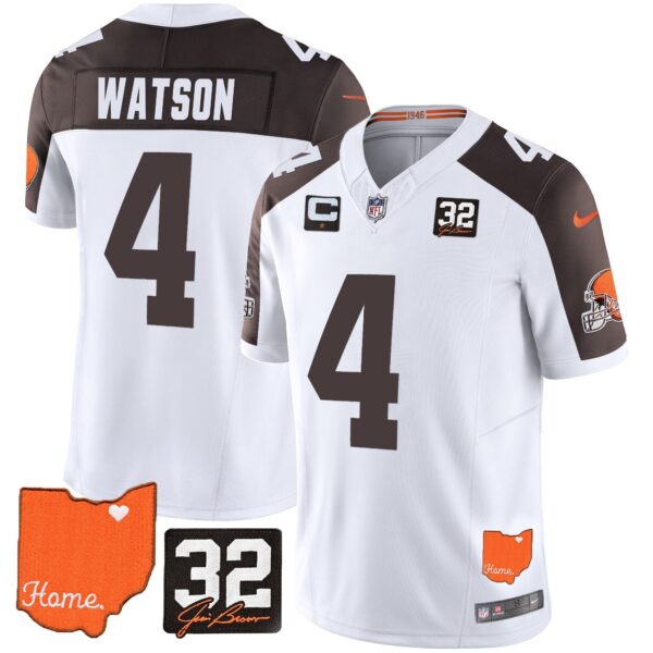 Browns #32 Jim Brown Memorial & Home Patch Vapor Limited Jersey – All Stitched – Inverted – Deshaun Watson Jersey